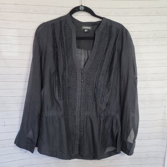 BEBE SHEER LONG SLEEVE BLACK SHIRT, SZ MEDIUM - Picture 1 of 10